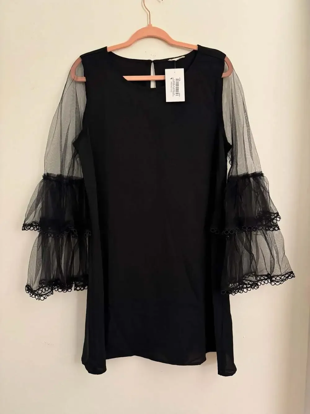 JODIFL NWT Black Tank Sheer Ruffle Net Sleeve Shift Dress - Picture 1 of 6
